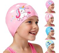 AMFUN Kids Swimming Cap 4-12 Years, Gradient Silicone Swim Cap, Waterproof Anti Slip Stretchable Ear Protection, Odour Free Chlorine Resistant Comfort Fit for Pool Beach Swimming Training