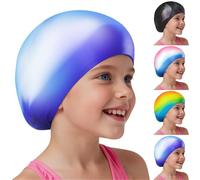 AMFUN Kids Swimming Cap 4-12 Years, Gradient Silicone Swim Cap, Waterproof Anti Slip Stretchable Ear Protection, Odour Free Chlorine Resistant Comfort Fit for Pool Beach Swimming, White & Blue