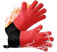 AMFUN Silicone Oven Gloves,Ovens Gloves Heat Resistant, Grill Gloves, Non-Slip Oven Gloves with Fingers, Waterproof Kitchen Gloves for Baking Barbecue Pizza-Long (Red）