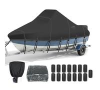 AMGJ 600D Heavy Duty Center Console Boat Cover, Waterproof Marine Grade Trailerable Boat Cover, All-Weather Outdoor Protection V-Hull Cover with Vents & Straps,Black,14~16ft (90" Beam)