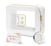 Amgknop Personalized Initial Makeup Bag,Letter Clear Cosmetic Bag,Chenille Letter Bag,Travel Makeup Bag Organizer,Cute Clear Waterproof Initial Bag Gifts for Teen Girls Women, White, L, B