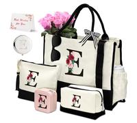 Amgkonp 6 Pcs Initial Canvas Tote Bag Makeup Bag,Personalized Mothers Day Birthday Gifts for Women Sister Grandma, White, Letter-e