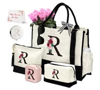 Amgkonp 6 Pcs Initial Canvas Tote Bag Makeup Bag,Personalized Mothers Day Birthday Gifts for Women Sister Grandma, White, Letter-r