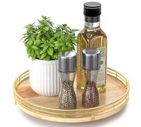 AMH Decorative Tray for Home Decor - Natural Oak Wood & Metal - Rotating Tray - 12 Inches