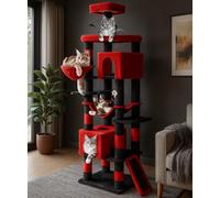 AMHANCIBLE Large Gothic Cat Tree, 83 Inch Tall Tower for Indoor Adult Cats, with Scratching Post and Board, Hammock, Condos, Hanging Basket, Activity Center to Play and Sleep, Black Red, PT21RD