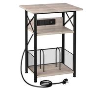 AMHANCIBLE Record Player Stand with Charging Station, 3-Tier Bedside Table with Extra-Large Desktop and Storage Cabinet, Vinyl Record Stand Hold Up to 100 Albums for Living Room,Gray HETCD012GY-1