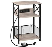 AMHANCIBLE Record Player Stand with Charging Station, Vinyl Record Storage | Vinyl Record Stand with Storage Cabinet, 3-Tier Side Table Hold Up to 100 Albums for Living Room,Bedroom, Gray