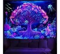 Amhokhui Blacklight Tree Tapestry UV Reactive Underwater World Tapestries Trippy Jellyfish Colorful Plant Tapestry Neon Coral Reef Marine Life Tapestries Wall Hanging Decor for Home