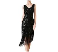 AMhomely 1930S Dresses for Women Vintage Dresses for Women UK Elegant Night Out Sequin Fringe Midi Dress Sleeveless Mesh Glitter Dress V Neck Hollow Cocktail Sparkling Tassel Black M
