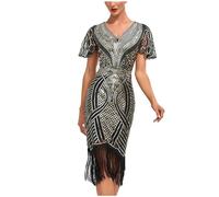 AMhomely 1930S Dresses for Women Vintage Sequin Wrap Dress for Women UK Mock Neck Sleeveless Sequin Dresses Ball Tassel Dress Party Banquet Dance Mini Vintage Cocktail Gold L
