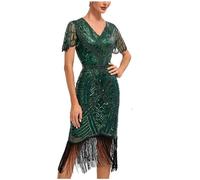 AMhomely 1930S Dresses for Women Vintage Sequin Wrap Dress for Women UK Mock Neck Sleeveless Sequin Dresses Ball Tassel Dress Party Banquet Dance Mini Vintage Cocktail Green 3XL