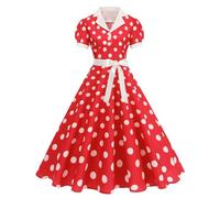 AMhomely 1950s Dress for Women Vintage Polka Dot Rockabilly Swing A-Line Cocktail Evening Prom Tea Party UK Ladies Summer Short Sleeve Shirt Collar Fit Flare Midi with White Bow Belt