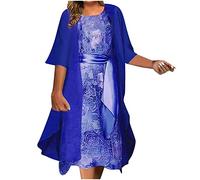 AMhomely 2 Piece Dress Outfits, Boho Elegant Party Dress Spaghetti Straps with Chiffon Cradigan 3/4 Sleeve Set Plus Size Floaty Wedding Guest Blue 4XL