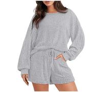 AMhomely 2 Piece Lounge Set For Women Ribbed Ladies Pyjamas Sets Shorts Long Sleeve Jumpers Drawstring Shorts Tracksuit Loose Fit Yoga Workout Outfits Homewear Casual Suits Solid Knitted Sets Grey XL