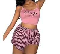 AMhomely 2 Piece Lounge Set For Women Shorts Cropped Tops With Shorts Pajamas Sets Sleeveless Vest Tops Bottoms Tracksuit Tanks Stripe Sleepwear Slim Fit Casual Outfits Nightwear Hot Pink S