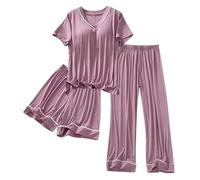 AMhomely 2 Piece Loungewear For Women Sleepwear With Built In Bra Plus Size Casual Outfits Spring Fall Pajamas Sets Solid Loose Dressing Gown Loose Modal Comfort Homewear Short Sleeve Pjs Hot Pink 3XL