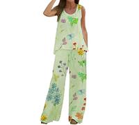 AMhomely 2 Piece Outfits For Women Sleeveless Casual Sets Vest Tops Wide Legs Trousers Suits Palazzo Pants With Tanks Tops Loungesuits Vintage Floral Print Summer Outfits Two Piece Going Out