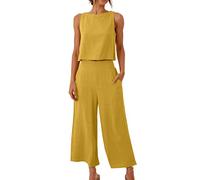 AMhomely 2 Piece Outfits for Women Sleeveless Trouser Sets for Women Cotton Linen Sets 2 Piece Wide Leg Pants Marching Vest Top Button Back Ladies Elegant Pants Suits with Pocket Yellow 3XL
