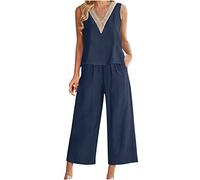 AMhomely 2 Piece Outfits Women Summer Casual Sets Cotton Linen Outfits Sleeveless V Neck Vest Trousers Sets Crochet Lace Tanks Pants Suits Plain Camisole Tops Cropped Trousers Ladies Navy S
