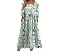 AMhomely 2023 Women Casual Sexy Round Neck Printing Summer Short Sleeve Pockets Dress Green
