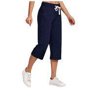AMhomely 3/4 Capri Trousers for Women UK Ladies Summer Trousers Plus Size Cotton Linen Pants with Pocket Drawstring Elastic Waisted Cropped Pants Loose Fit Casual Navy XL