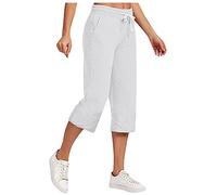 AMhomely 3/4 Capri Trousers for Women UK Ladies Summer Trousers Plus Size Cotton Linen Pants with Pocket Drawstring Elastic Waisted Trousers Cropped Pants Loose Fit Casual Trousers White L