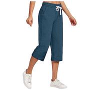 AMhomely 3/4 Capri Trousers for Women UK Ladies Summer Trousers Plus Size Cotton Linen Pants with Pocket Drawstring Elastic Waisted Cropped Pants Loose Fit Casual Dark Blue XL