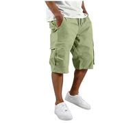 AMhomely 3/4 Cargo Trousers for Men UK - Mens Work Shorts Plus Size,Comfort Cotton Cropped Chinos Pants with Multi-Pocket,Drawstring Elastic Waisted Combat Short Joggers,Outdoor Hiking A Green 3XL