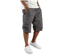 AMhomely 3/4 Cargo Trousers for Men UK - Mens Work Shorts Plus Size,Comfort Cotton Cropped Chinos Pants with Multi-Pocket,Drawstring Elastic Waisted Combat Short Joggers,Outdoor Hiking A Dark Grey 3XL