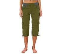 AMhomely 3/4 Cargo Trousers Women Ladies High Waisted Joggers Cropped Sweatpants with Pocket Capris Trousers High Waisted Casual Joggers Short Leg Cropped Pants Tracksuit Bottoms Army Green M