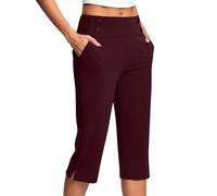AMhomely 3/4 Cropped Trousers Womens Ladies High Waisted Stretch Trousers Elastic Waist Straight Leg Trouser with Pockets Solid Color Tights Soft Pant Office Work Pants 03 Wine 5XL