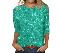 AMhomely 3/4 Length Sleeve T Shirts for Women UK Plus Size Summer Tops Sparkling Sequin Look Print Blouse Elegant Crewneck Plain Tunic Tops Tee Shirts Crewneck Casual Pullover Tops Party Blue L