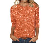 AMhomely 3/4 Length Sleeve T Shirts for Women UK Plus Size Summer Tops Sparkling Sequin Look Print Blouse Elegant Crewneck Plain Tunic Tops Tee Shirts Crewneck Casual Pullover Tops Party Orange L