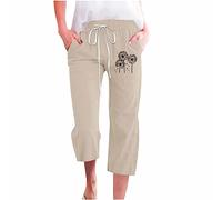 AMhomely 3/4 Palazzo Trousers For Women Uk Ladies Summer Trousers Size 20 Cotton Linen Pants Plus Size Drawstring Trousers With Pocket Capri Pants Loose Fit Beach Trousers Straight Leg Pants Khaki 3XL