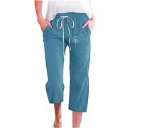 AMhomely 3/4 Palazzo Trousers for Women UK Ladies Summer Trousers Size 20 Cotton Linen Pants Plus Size Drawstring Trousers with Pocket Capri Pants Loose Fit Beach Trousers Straight Leg Pants Blue 3XL
