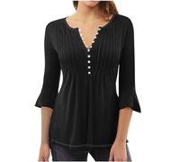 AMhomely 3/4 Sleeve Blouse for Women UK Bell Sleeve Tops Blouse Solid Ruched Tunic Tops Shirts Plain V Neck Button Down Casual Blouse Longline Tops Ruched Tee Shirts Elegant Casual Blouse Black L
