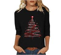 AMhomely 3/4 Sleeve Christmas Tops-Womens Sparkling Christmas Jumpers,Plus Size,Round Neck,Xmas Tree,Santa Claus,Snowflake,Reindeer,Dwarf,Red Wine Glasses,Graphic Festive Tees H Black S