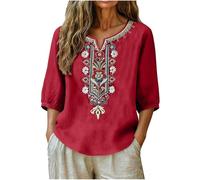 AMhomely 3/4 Sleeve Embroidered Top-Cotton Linen Blouses for Women UK,Summer Floral Shirts Plus Size,Elegant Party Baggy Tunic Tops,V Neck,Boho Casual Oversized Shirts,Office Work Holiday A Red M