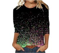 AMhomely 3/4 Sleeve Tops for Women UK Plus Size Sparkling Ladies Shirts Shimmer Round Neck Blouse T Shirts Sparkle Glitter Pullover Shirt Loose Fit Tunic Tops Party Going Out Retro Holiday Tees