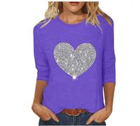 AMhomely 3/4 Sleeve Tunic Tops for Women UK Heart Sweatshirt for Ladies Plus Size Casual Tunic Tops Crewneck Sparkling Love Graphic T Shirts Crewneck Loose Pullovers Blouse Casual Office Purple XXL