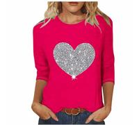 AMhomely 3/4 Sleeve Tunic Tops for Women UK Love Heart Print Tops Plus Size Casual Tunic Crewneck Sparkling Love Graphic T Shirts Crewneck Loose Fit Pullovers Blouse Casual Office Hot Pink XL