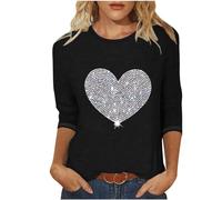 AMhomely 3/4 Sleeve Tunic Tops for Women UK Love Heart Print Tops Plus Size Casual Tunic Crewneck Sparkling Love Graphic T Shirts Crewneck Loose Fit Pullovers Blouse Casual Office Black 3XL