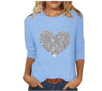 AMhomely 3/4 Sleeve Tunic Tops for Women UK Love Heart Print Tops Plus Size Casual Tunic Crewneck Sparkling Love Graphic T Shirts Crewneck Loose Fit Pullovers Blouse Casual Office Light Blue M