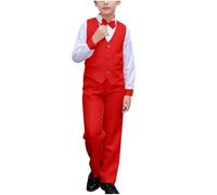 AMhomely 4 Piece Formal Suit for Boys-Waistcoat and Trousers Set with Bow Tie Kids,Cotton School Uniform,Single Breasted Smart Outfits,Wedding Page Boy Costume,Host Clothes A Red 11-12 Years