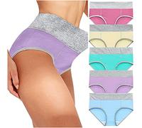 AMhomely 5 Pcs Full Size Women's High Waisted Cotton Underwear Soft Breathable Panties Stretch Briefs Ladies Knickers Cotton Full Briefs Middle Waisted Underwear Panties Clearance Multipack
