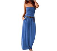 AMhomely Bandeau Maxi Dress for Women Casual Summer Solid Colour Bandeau Strapless Shirred Ladies Long Maxi Dress Shirring Gathering Long Summer Strapless A-blue