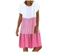 AMhomely Beach Dress for Women UK Plus Size Beach Dress Contrast Midi Short Sleeve Casual Crewneck Party Loose Fit Swing Pleated Ladies Bohemian Sun Pink 5XL