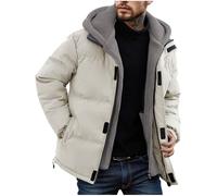 AMhomely Beige Puffer Jacket Mens Fleece Jacket - Heavy Quilted Coat, Zip & Velcro Closure, Polar Fleece Lined, Hooded, Pockets, Winter Warm Parka Ski Windproof Outdoor Plus Size Windbreaker XXL