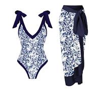 AMhomely Bikini Sets with Matching Sarong for Women UK Swim Suits for Women UK Two Piece Tummy Control Bikini with Cover Up Overall Bikini Lace Up Long Skirt Chiffon Beachwear Set Blue L