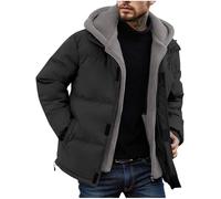AMhomely Black Puffer Jacket Mens Fleece Jacket - Heavy Quilted Coat, Zip & Velcro Closure, Polar Fleece Lined, Hooded, Pockets, Winter Warm Parka Ski Windproof Outdoor Plus Size Windbreaker XS